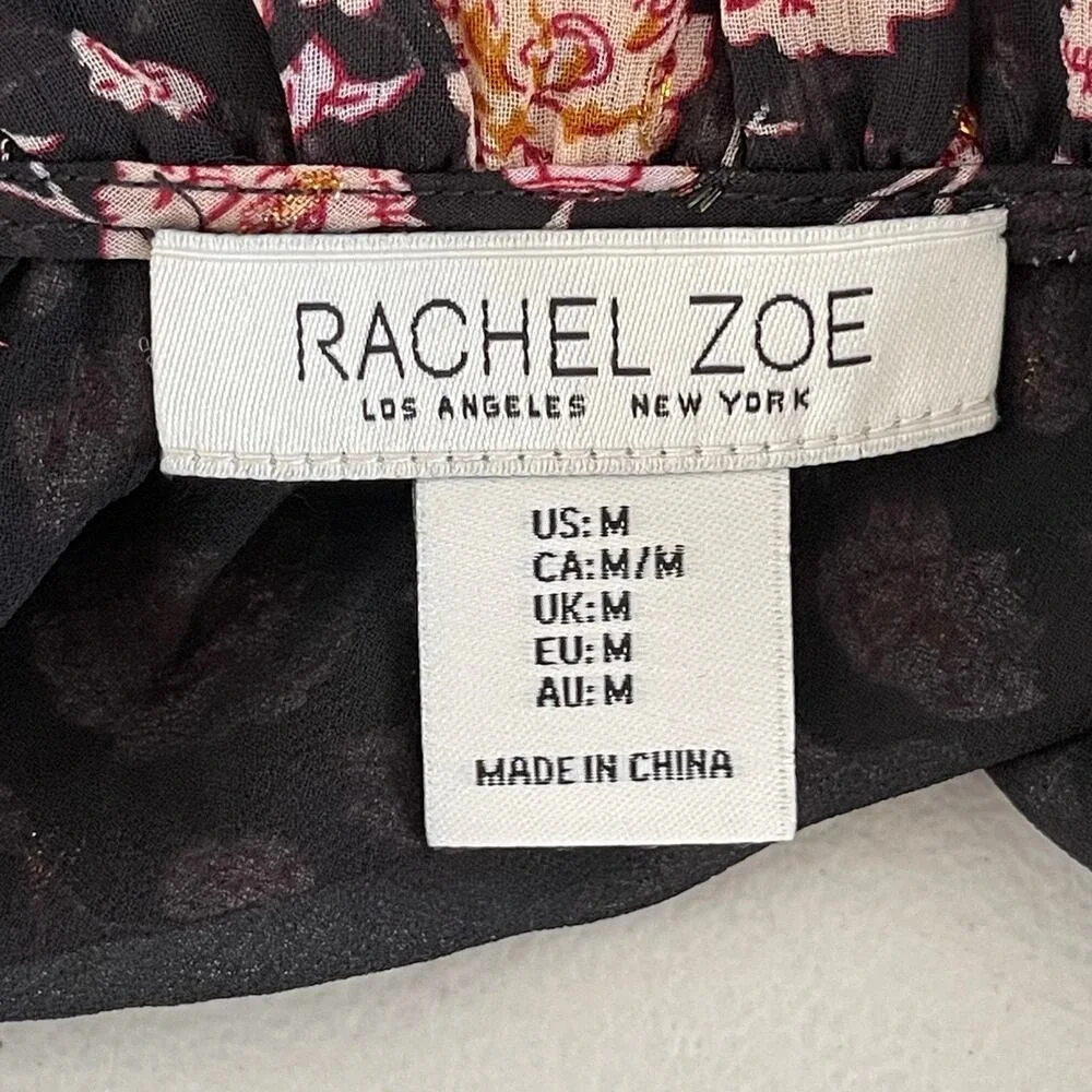 Rachel Zoe Blouse Womens Medium Black Pink Ruffle‎ Collar Trim Chiffon Top - Picture 9 of 12